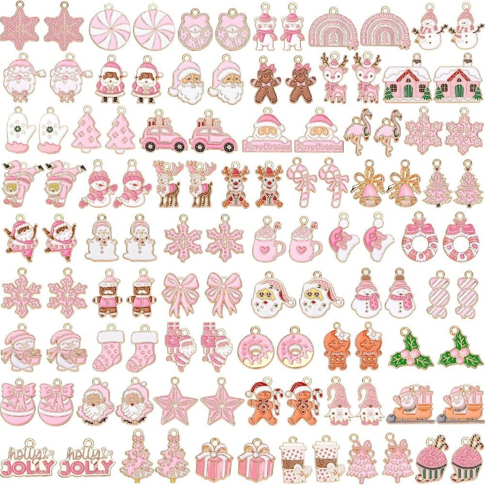 110Pcs/55 Pairs Christmas Charms, Pink Christmas Charm for Jewelry Making, Holid